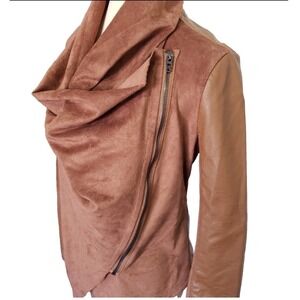 BLANK NYC Faux Leather Suede Drape Waterfall Jacket Brown Asymmetrical Moto - L